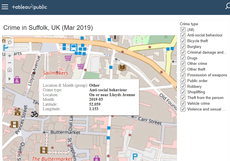 Zoomed in Tableau crime map of Ipswich Town centre in March 2019